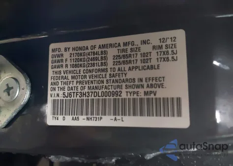 2013 Honda Crosstour Ex z USA, uszkodzony, nr VIN 5J6TF3H37DL000992